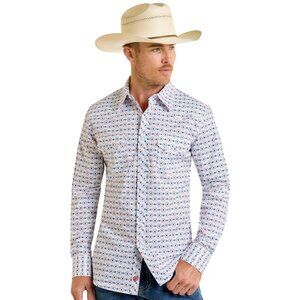 Rock & Roll Denim Men's XXL Long Sleeve Aztec Print Snap Shirt White